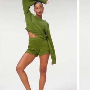 Good American Green Chunky High Waist Sweater Shorts